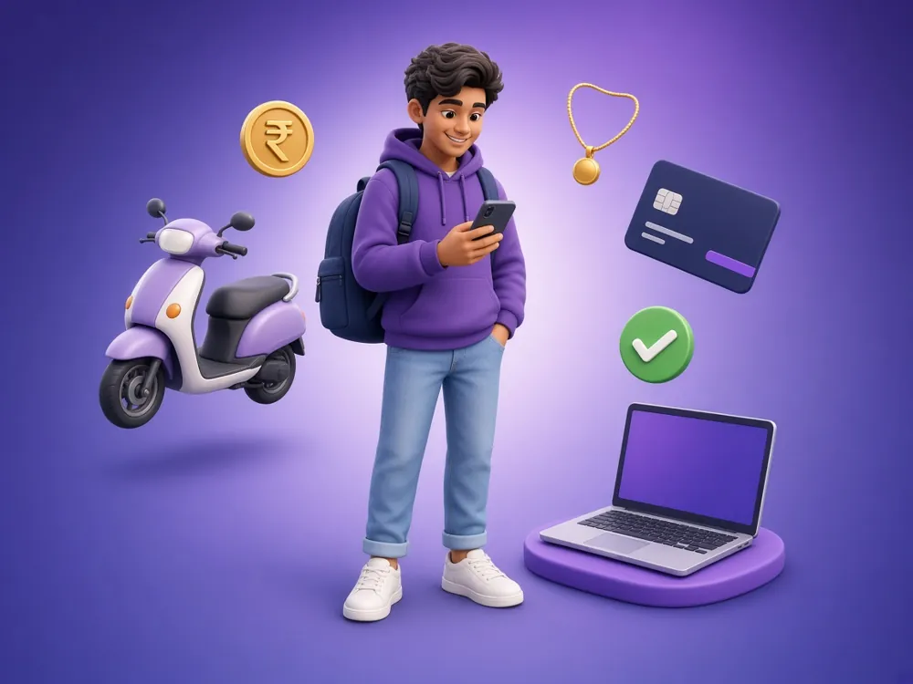 Student checking his Punify loan on his phone, with a scooter, laptop and gold around him